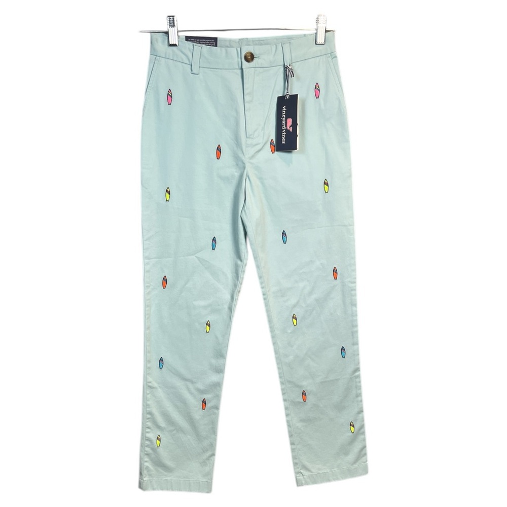 Vineyard Vines Boys Light Green Cotton Surf Board Print Straight Leg Pants Sz 14